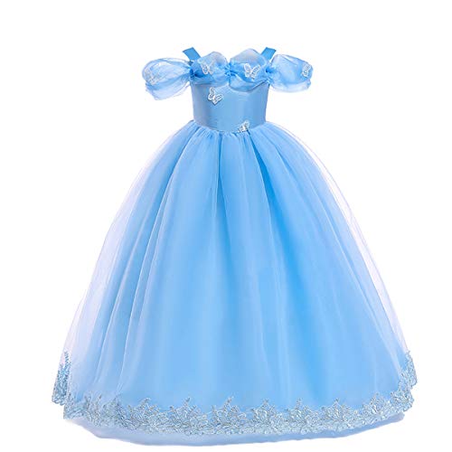 Kinder Mädchen Aschenputtel Prinzessin Kostüm Halloween Fee Cosplay Kleid Weihnachtsferien Geburtstagsfeier Abend ohne Schulter Langes Maxi-Tanzballkleid für Fotoshooting Blau 11-12 Jahre von IBTOM CASTLE