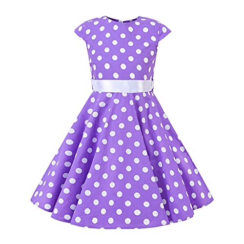 Kinder Mädchen Vintage 50s Kleid Rockabilly Ärmellos Polka Dots A-Linie Swing Casual Urlaub Sommerkleid Retro Hochzeit Geburtstag Cocktail Party Abend Ball Ballkleid Lila Polka Dots 4-5 Jahre von IBTOM CASTLE