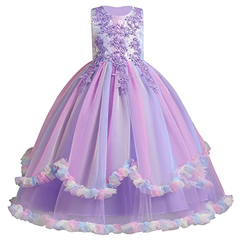 Mädchen Elegant Spitze Tüll Hochzeit Brautjungfern Kleid Prinzessin Festzug Erstkommunion Cocktailkleid Abendkleid Birthday Party Kleider Kinder Langes Evening Ballkleider Regenbogen Violett 5-6 Jahre von IBTOM CASTLE