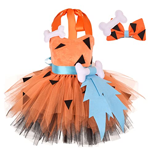 Mädchen Kiesel Feuerstein Höhlenmensch Kostüm Halloween Karneval Steinzeit Bam Bam Cosplay Geburtstag Party Outfit Prehistorische Zeiten Kinder Prinzessin Tüll Tutu Mottoparty Orange 3-4 Jahre alt von IBTOM CASTLE