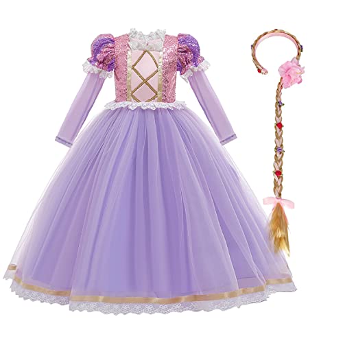 Mädchen Rapunzel Prinzessin Kostüm Kinder Grimms Karneval Tangled Märchen Partykleid Halloween Festival Geburtstag Fotoshooting Magie Faschingskostüm Festkleid Rosa lila lange Ärmel 5-6 Jahre von IBTOM CASTLE