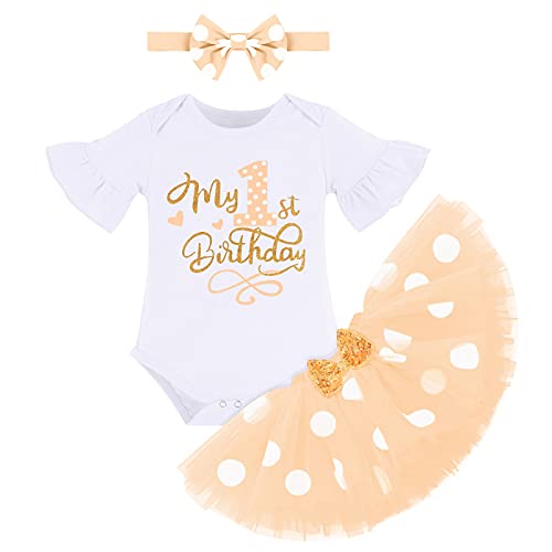 Neugeborenes Baby Mädchen Mein 1. Geburtstag Outfit Glocke Kurzarm Body Onesies Strampler + Polka Dots Tüll Tutu Rock + Schleife Stirnband 3 Stück Sommer Prinzessin Kuchen Smash Kleid Gr. 12 Monate von IBTOM CASTLE