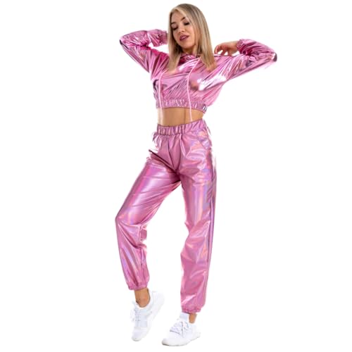 Rave Outfits für Frauen Langarm Glänzend Metallisch Oberteil Top Hoodie Sweatshirt Glitter Hose Disco Tanzhosen Leggings Clubwear Beiläufige Hip Hop Festival 80er Jahre Party Kleidung Set Rosa S von IBTOM CASTLE