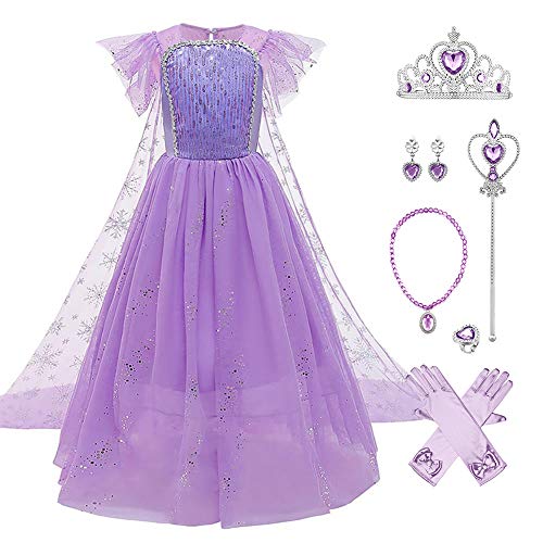 Schneekönigin Eiskönigin Prinzessin ELSA Kostüme für Mädchen Kinder Tüll Kleid mit Umhang Zubehör Eisprinzessin Verkleidung Party Halloween Cosplay Karneval Weihnachten Geburtstag 01-Violett 5-6 Jahre von IBTOM CASTLE