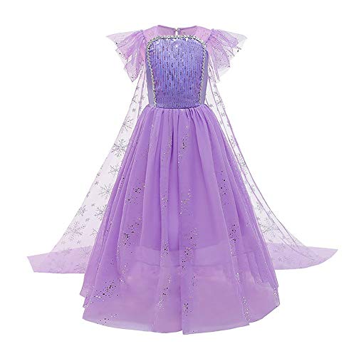 Schneekönigin Eiskönigin Prinzessin ELSA Kostüme für Mädchen Kinder Tüll Kleid mit Umhang Zubehör Eisprinzessin Verkleidung Party Halloween Cosplay Karneval Weihnachten Geburtstag 02-Violett 7-8 Jahre von IBTOM CASTLE