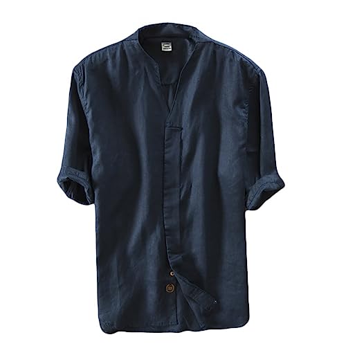 Icegrey Herren 100% Leinen Kurzarm Hemd Sommerhemd V-Neck Freizeit Hemd Tiefes Blau 56 von Icegrey