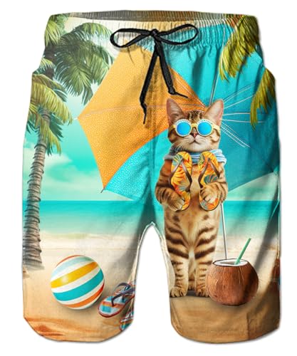 IDGREATIM Badeshorts für Herren Schnelltrocknend 3D Katze Schwimmhose Beachshorts Boardshorts Strand Shorts Freizeit Sport Kurz Hose L von IDGREATIM