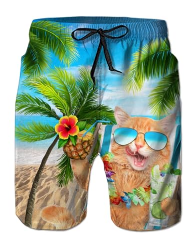 IDGREATIM Herren Bademode 3D Kokosnussbaum Katze Grafik Shorts Badehose mit Einstellbare Kordelzug Hawaiian Style Sommer Strand Shorts Badehose Grün XL von IDGREATIM