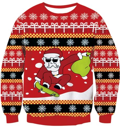 IDGREATIM Herren Christmas Sweater Lustige 3D Weihnachtsmann Printed Crewneck Langarm Hässliche Strick Pullover Sweatshirt für Weihnachten Rot XXL von IDGREATIM