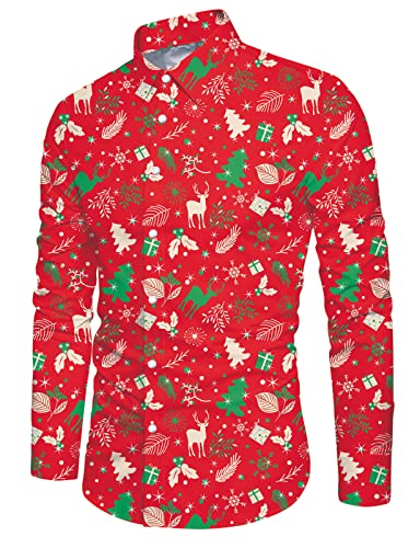 IDGREATIM Herren Langarm Hemd Long Sleeves Shirts Bedruckte Hässliche Hemden Funky Buttons Fashin Pattern Casual Style Herren Weihnachten Tops Rot XL von IDGREATIM