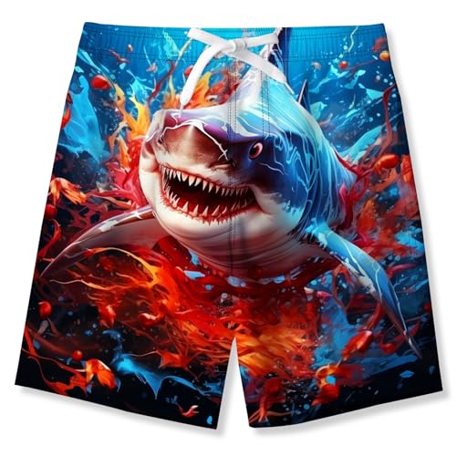 IDGREATIM Jungen Badehose Kinder Druckened Badehose 3D Hai Druckened Leichte Casual Board Shorts mit Taschen Blau 12T von IDGREATIM