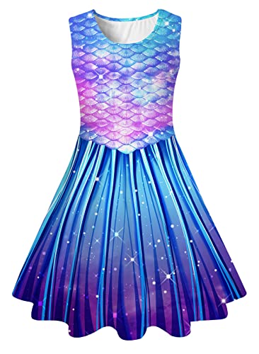 IDGREATIM Kleid Mädchen Fischschuppen Muster Costume Girls Sommerkleid Mädchen A-Linie Ärmelloses Sommerkleid Kleid Blau M von IDGREATIM