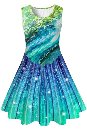 IDGREATIM Mädchen Kleider Ärmellos Meerjungfrau Kinder Strandkleid Sommerkleid Blaue Galaxie 6-7 Jahre von IDGREATIM