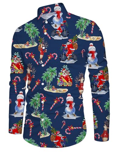 IDGREATIM Weihnachten Freizeithemd Herren Xmas Shirts Langarm Buttons Down Weihnachtsmann Printed Party Christmas Shirt Tops Navy Blau L von IDGREATIM