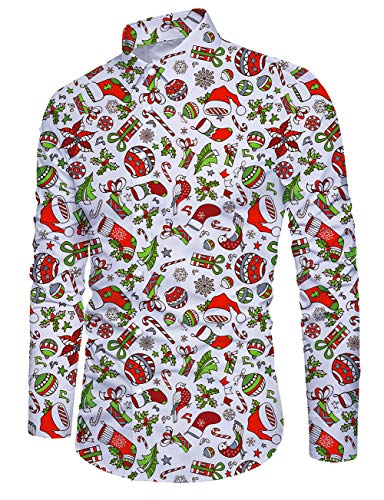 IDGREATIM Weihnachtshemd für Männer Bedruckt Volle Ärmel gedrückt Lustig Urlaub Stil Herren Hässlich Weihnachten Xmas Party Shirts von IDGREATIM