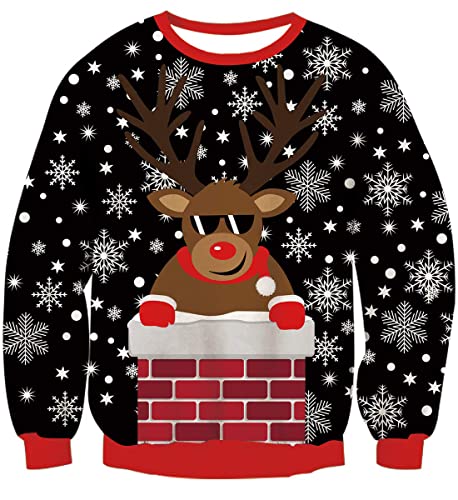 Idgreatim Herren Damen Weihnachtspullover Ugly Christmas Sweater Hässliche Weihnachten Pullover Jumper 3D Gedruckt Langarm Strickpullover, Black, L von IDGREATIM