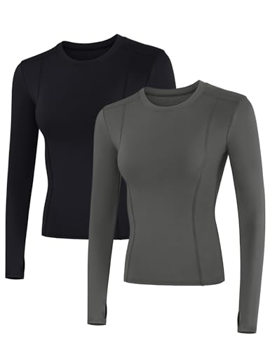 IECCP 2er-Pack Damen Langarm-Sportoberteile Workout Yoga Sport Rundhals-Shirts Sweatshirts Trockenpassform Nahtlos Fitnessstudio XL von IECCP