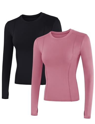 IECCP 2er-Pack Damen Langarm-Sportoberteile Workout Yoga Sport Rundhals-Shirts Sweatshirts Trockenpassform Nahtlos Fitnessstudio XL von IECCP