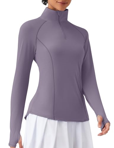 IECCP Damen Langarm UV Sonnenschutz Rash Guard Shirts UPF 50+ Golf Polo Kompression Schwimmshirt Top für Frauen mit Reißverschlusstaschen Hellviolett XL von IECCP