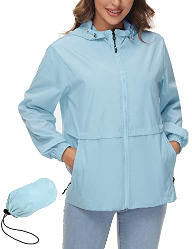 IECCP Regenjacke Damen Leicht Wasserdicht Regenmantel Atmungsaktiv Sommer Jacken Windjacke Faltbare Dünne Regenmantel Sportjacke Hellblau 3XL von IECCP