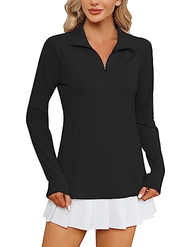 IECCP UV Shirt Damen Langarm UPF 50+ Schutzkleidung Half Zip Golf Sport Oberteile Uv-Schutz Poloshirt Leicht Sommer Funktionsshirt für Outdoor Laufen Wandern Schwarz L von IECCP