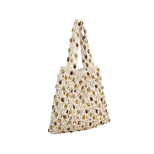IENYU Damen-Sommer-Tasche mit Perlen, gewebt, Eimertasche, Handygeldbörse, handgefertigt, ausgehöhlt, Baumwollseil, Häkeltasche, Handtasche für Mädchen, beige, Einheitsgröße IENYU Damen-Sommer-Tasche mit Perlen, gewebt, Eimertasche, Handygeldbörse, handgefertigt, ausgehöhlt, Baumwollseil, Häkeltasche, Handtasche für Mädchen, beige, Einheitsgröße von IENYU