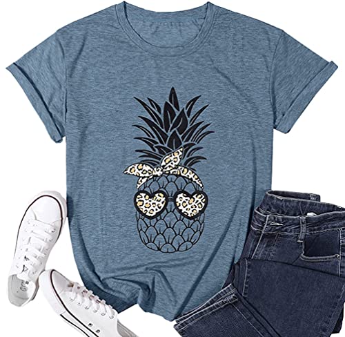 Ananas-T-Shirt für Damen, Leopardenmuster, Sonnenbrille, Schal, Grafik-T-Shirt, Oberteil, Bluse, blau, Mittel von IEUGOH