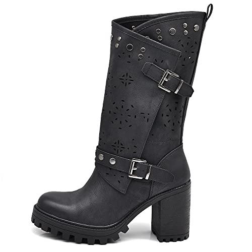 IF Fashion Damen-Stiefeletten mit großem Absatz Plateau Nieten aus Kunstleder G669, 669 Schwarz, 37 EU von IF