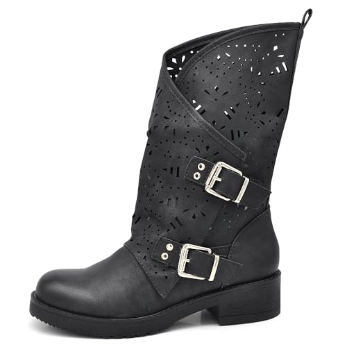 IF Fashion Damenschuhe Stiefel Stiefel Biker Schnallen Amphibien 337, 688 66 schwarz, 36 EU von IF