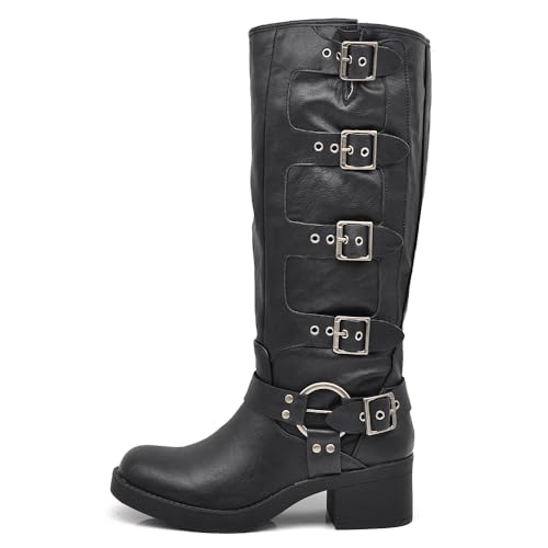 IF Fashion Schuhe Damen Stiefel Wade Biker Motorradfahrer Mit Multi Schnallen Amphibien RQ63 schwarz, 660 3 Schwarz, 37 EU von IF