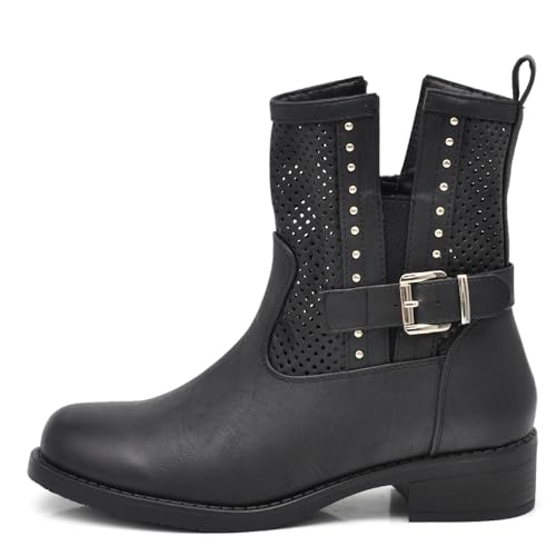 IF Fashion Stiefel Biker Motorradstiefel Damen perforiert mit Schnallen Frühling Sommer Kunstleder Jeans Optik GR-6656, 677 Schwarz, 37 EU von IF