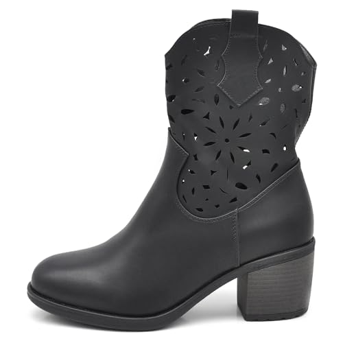 IF Fashion Stiefel Stiefeletten Camperos für Damen mit Absatz Kunstleder Jeansoptik GR-6653, 6658 Schwarz, 38 EU von IF