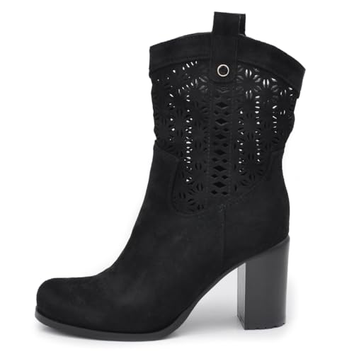 IF Fashion Stiefel Stiefeletten für Damen, perforiert, Kunstwildleder, mit Absatz, XG115, 115 Schwarz, 39 EU von IF