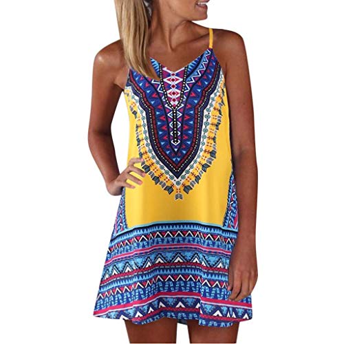 IFOUNDYOU Damen Sommerkleid Leicht Günstig Boho Florale Drucken Strandkleider Vintage Festlich Bunte Hippie Tunika Kurz Kleid Sexy Trägerlos Minikleid Elegant Spaghetti Träger ärmellos Lässige Kleid von IFOUNDYOU Damen