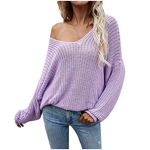 IFOUNDYOU Pullover Damen Lang V-Ausschnitt Strickpullover Einfarbig Casual Langarm Langarmshirts Strickoberteile Knitted Herbst Winter Sweatshirt Pulli Lose Mode Sexy Grobstrickpullover Oberteile von IFOUNDYOU Damen