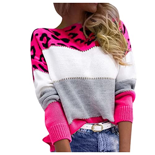 IFOUNDYOU Pullover Damen Winter Rollkragen Strickpullover Grobstrick Gestreifter Leopard Drucken Pulli Langarm Warm Strickoberteile Elegant Casual Jumper Pullover Colorblock Lose Langarmshirts von IFOUNDYOU Damen