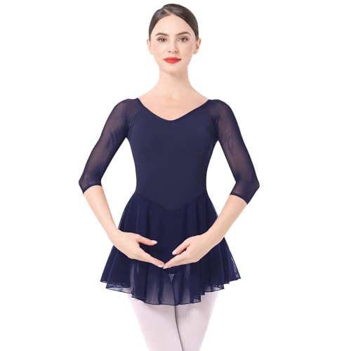 Ballettkleidung Damen Ballett Tanzkleid 3/4 ?rmel Ballettanzug Gymnastik Tanztrikot mit Chiffon Rock Ballettkleid Ballerina Tanzkleidung Marineblau S von IMEKIS