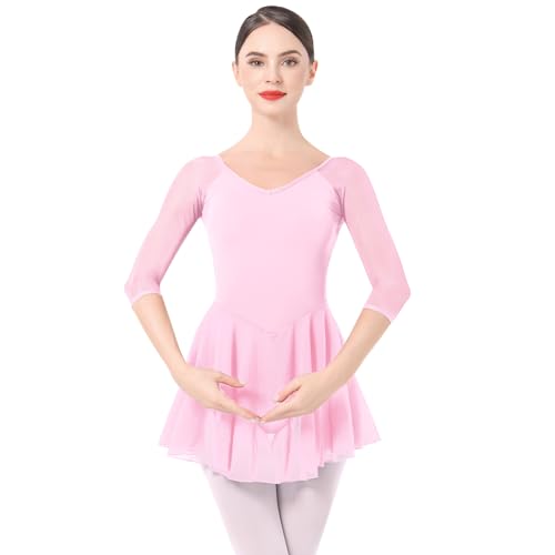 Ballettkleidung Damen Ballett Tanzkleid 3/4 ?rmel Ballettanzug Gymnastik Tanztrikot mit Chiffon Rock Ballettkleid Ballerina Tanzkleidung Rosa S von IMEKIS