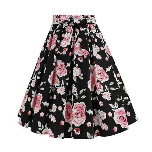 Damen 1950er Jahre Rock A Linie Blumendruck Hohe Taille Faltenrock Rockabilly Tellerrock Vintage Swing Midirock mit G�rtel Knielang Festlich Partyrock Schwarz XL Damen 1950er Jahre Rock A Linie Blumendruck Hohe Taille Faltenrock Rockabilly Tellerrock Vintage Swing Midirock mit G�rtel Knielang Festlich Partyrock Schwarz XL von IMEKIS