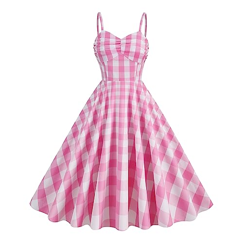 Damen 1950er Jahre Rockabilly Kleid ?rmellos Neckholder Vintage Cocktailkleid Polka Dot Kariertes Retro Swing Kleid A Linie Elegante Hochzeit Partykleid Festlich Ballkleid Rosa+Wei? S von IMEKIS