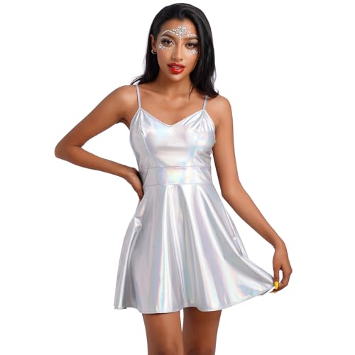 Damen Gl?nzend Metallic Minikleid A Linie ?rmellos Holografisch Faltenkleid Disco Nachtclub Tanz Partykleid Halloween Karneval Alien Kost?m Space Girls Rave Outfit Silber S von IMEKIS