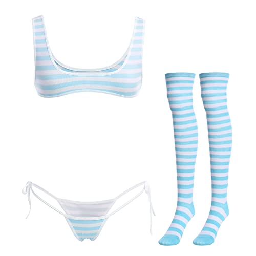 IMEKIS Damen-Dessous-Set, Kawaii-Anime-Dessous-Set, Neckholder, Mikro-BH, winziger Slip, Strumpfband, Gürtel, gestreifte Strümpfe, 4-teiliges Unterwäsche-Outfit, Blau – breiter Riemen, Einheitsgröße von IMEKIS