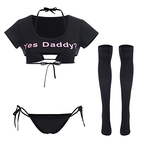 Damen Kawaii Anime Dessous Set Halfter Träger Micro BH Tiny Panty Garter Belt Gestreifte Strümpfe 4 Stück Unterwäsche Outfit, Schwarz – Yes Daddy, Einheitsgröße von IMEKIS