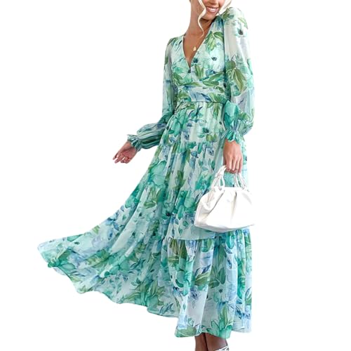 Damen Sommerkleid Blumendruck Langarm V-Ausschnitt Rüschen Freizeitskleid A-Linie Empire Taille Boho Strandkleider Grün XL von IMEKIS