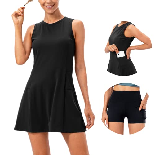 Damen Tennis Golf Kleid mit Shorts Outfit Sets Ärmellos 4 Taschen Athletic Sport Gym Workout Übung Kleider, Schwarz, Mittel von IMEKIS