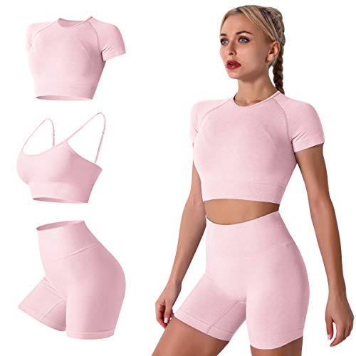 Damen Yoga Outfit Nahtloses Workout Set Hohe Taille Übung Shorts Hose mit Sport BH 3PCS Trainingsanzug Gym Trainingsanzüge, rose, Small von IMEKIS