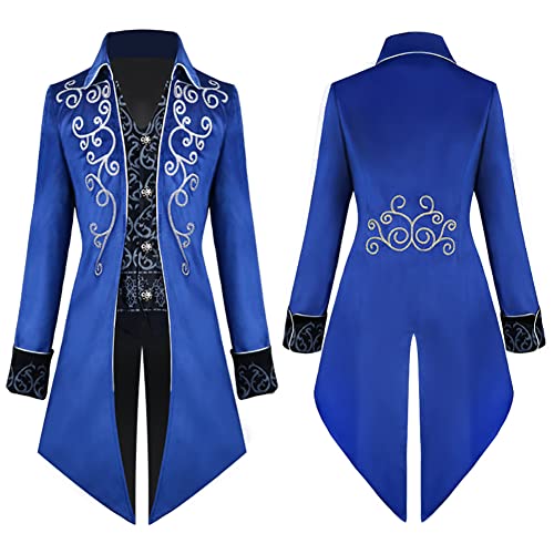 Herren Steampunk Vintage Frack Jacke Samt Bestickte Gehrock Gothic Viktorianische Mantel Uniform Mittelalter Smoking Halloween Kost?m Karneval Cosplay Verkleidung Blau L von IMEKIS