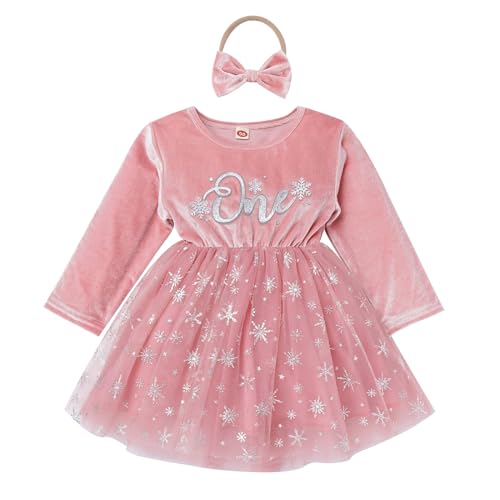 IMEKIS Baby M?dchen 1. Geburtstagskleid Langarm Samtkleid Prinzessin R?schen Schneeflocke T?llkleid und Bowknot Stirnband Kleinkind Fotoshooting Outfit Herbst Winter Bekleidungset Rosa 12-18 Monate von IMEKIS