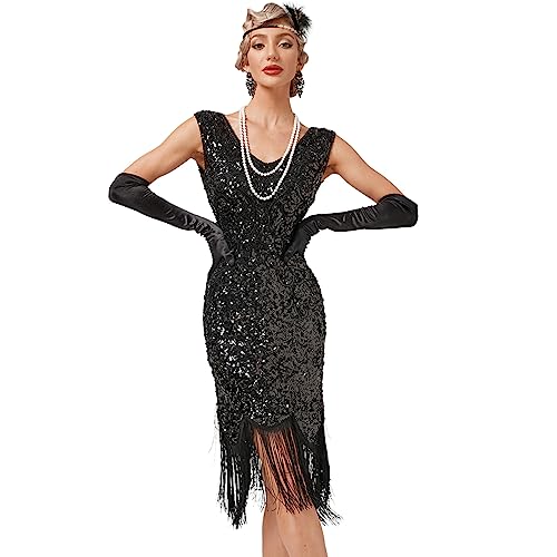 IMEKIS Damen 1920er Jahre Great Gatsby Flapper Kleid Ärmelloses V-Ausschnitt Pailletten Perlen Fransen Kleid Vintage Cocktailkleid Abendkleid Festlich Motto-Party Kostüm Schwarz M von IMEKIS
