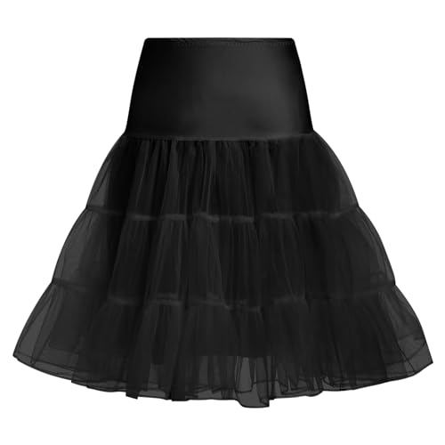 IMEKIS Damen 1950er Retro Petticoats A-Linie Rockabilly Tutu Rock mit R?schen Saum Knielang Crinoline Unterrock Halbrock Hochzeit Brautkleid Schwarz L von IMEKIS